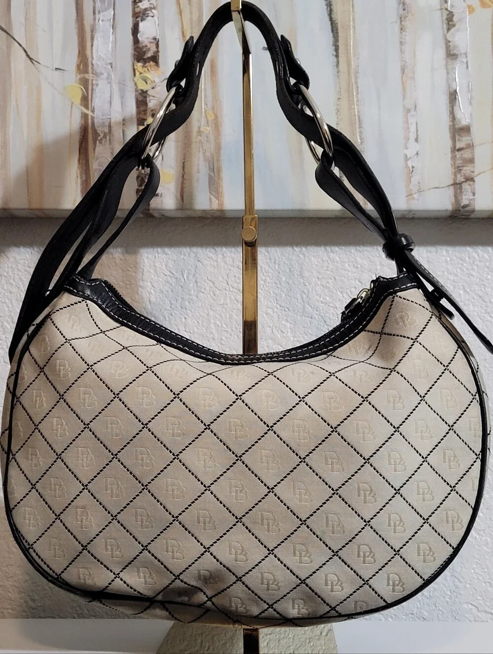 Dooney & Bourke Cream Black Canvas Monogram Hobo Shoulder Handbag